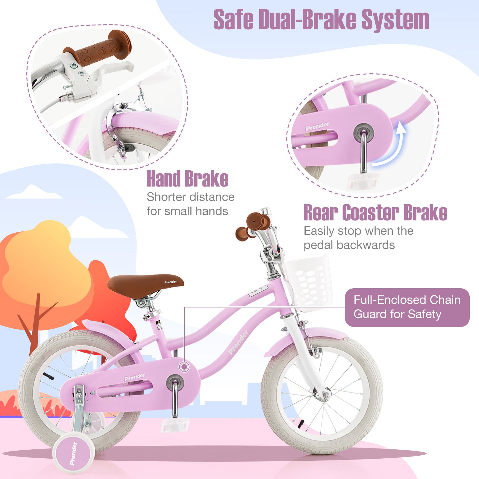 Pink children's bicycle with safety features on a colorful background