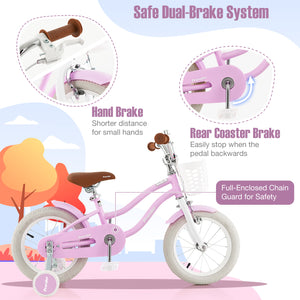Pink children's bicycle with safety features on a colorful background