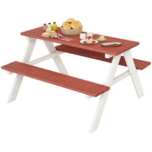 Red and white picnic table with food items on a white background
