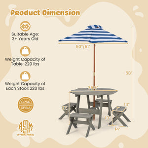 Children's outdoor table and chair set with umbrella, featuring dimensions and safety certifications on a beige background.