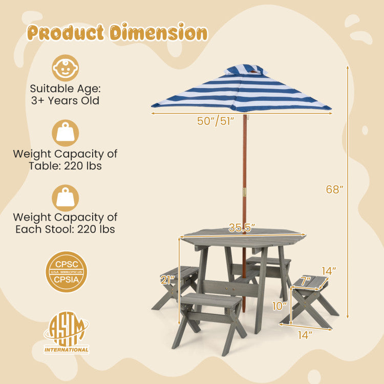 Children's outdoor table and chair set with umbrella, featuring dimensions and safety certifications on a beige background.