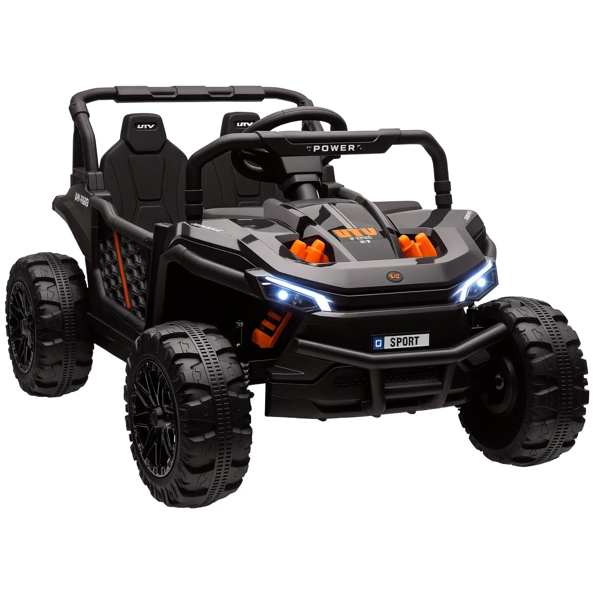 Black toy off-road vehicle with large wheels on a white background