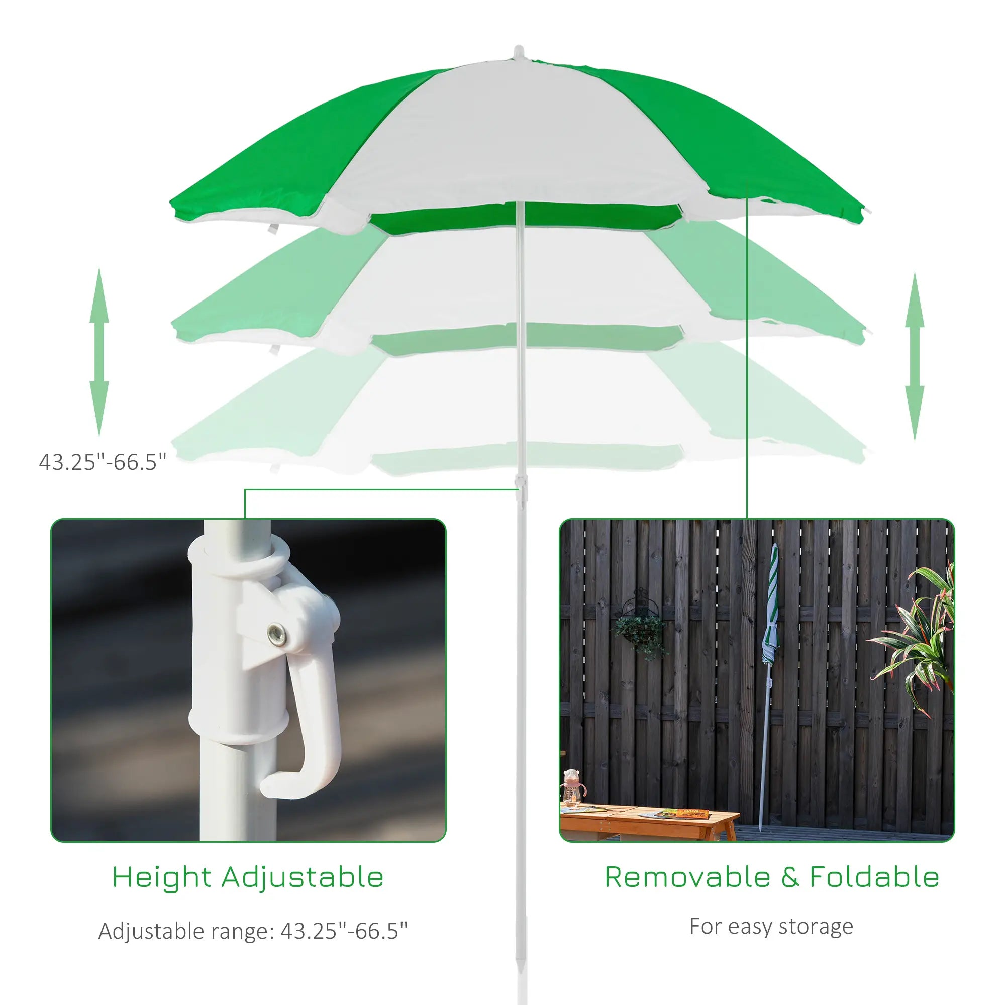 Green and white umbrella with height adjustable feature and removable/foldable design.