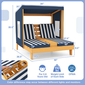 Children's wooden playhouse with striped cushions, dimensions, and safety certifications displayed.