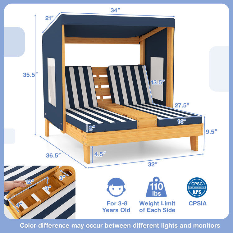 Children's wooden playhouse with striped cushions, dimensions, and safety certifications displayed.