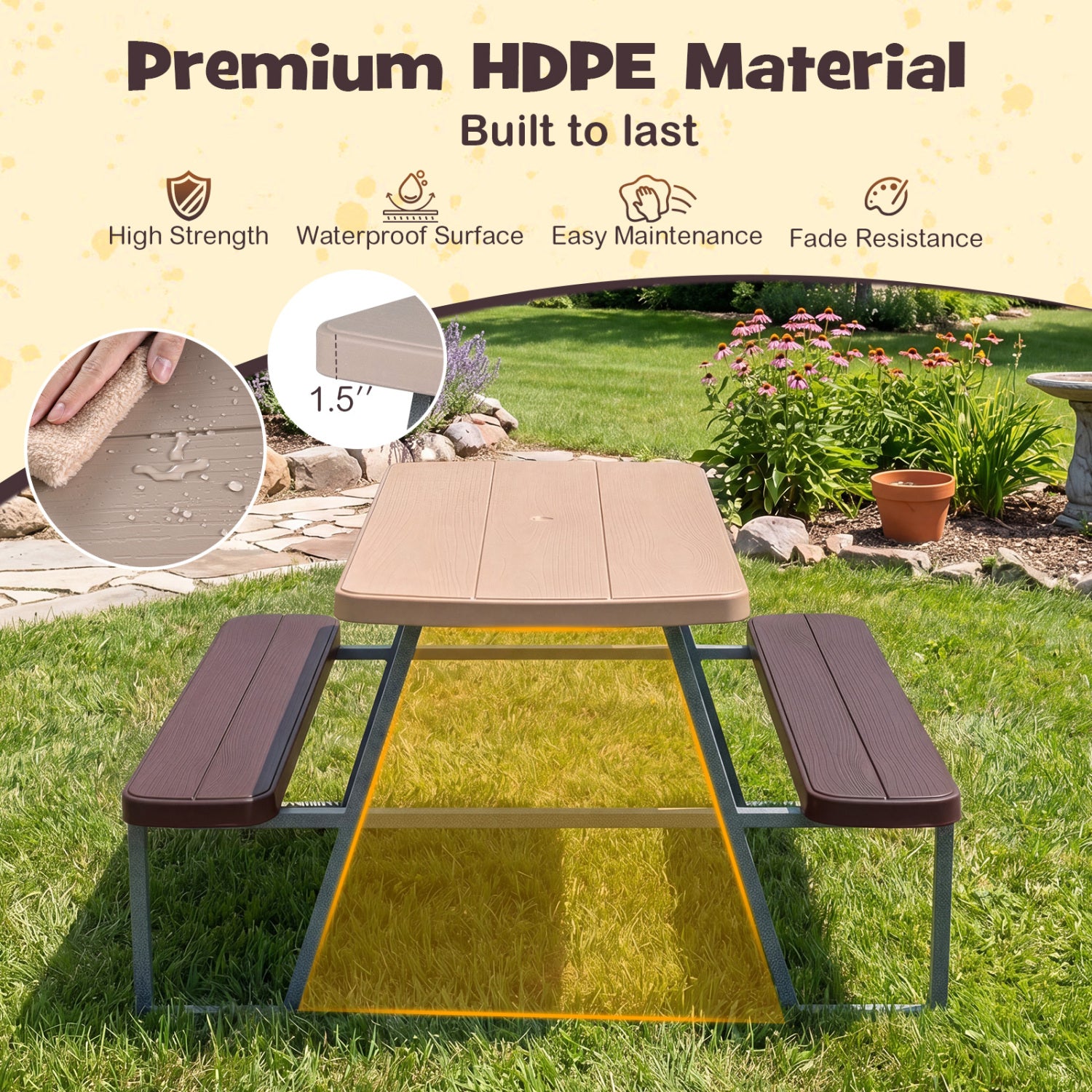 Picnic table with brown top and benches on grass, featuring premium HDPE material text.