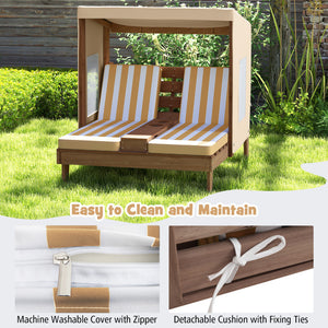 Wooden outdoor bench with striped cushions in a garden setting, featuring machine washable cover and detachable cushion details.