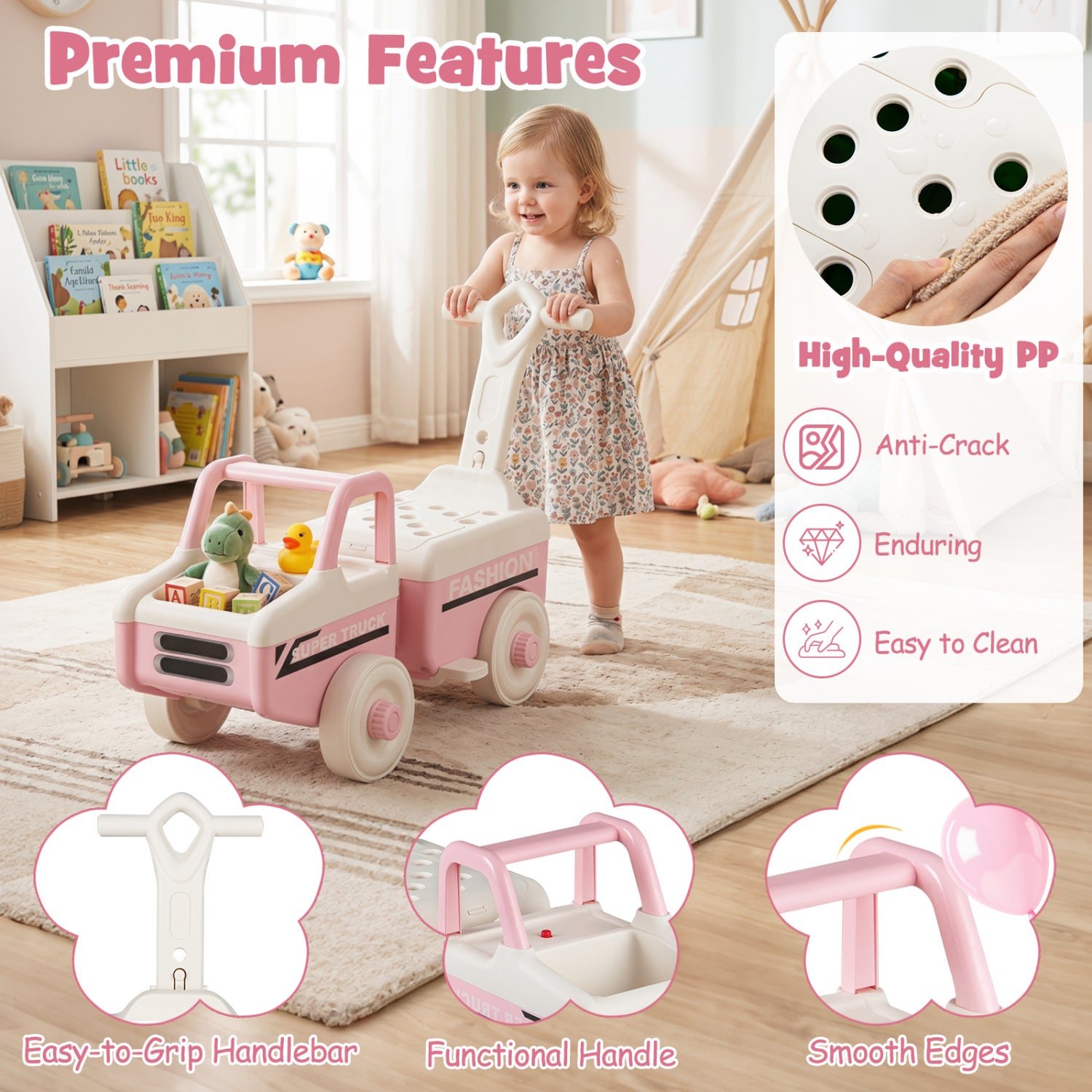 Child playing with a pink toy car in a room with books and toys, featuring premium features of the product.