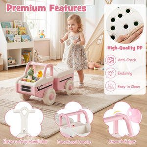 Child playing with a pink toy car in a room with books and toys, featuring premium features of the product.