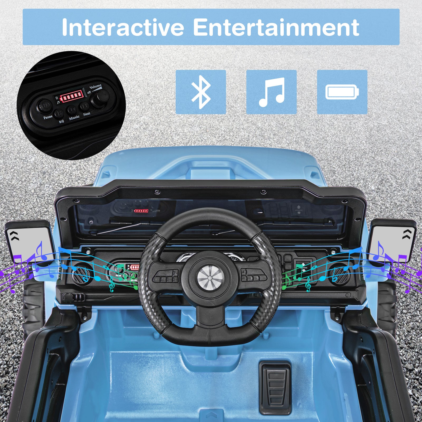 Blue toy car with steering wheel and dashboard, featuring Bluetooth and music icons on a gray background.