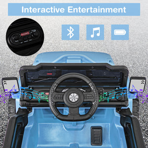 Blue toy car with steering wheel and dashboard, featuring Bluetooth and music icons on a gray background.