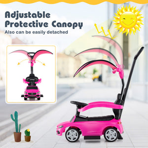 Pink children's push car with adjustable protective canopy in a bright indoor setting.