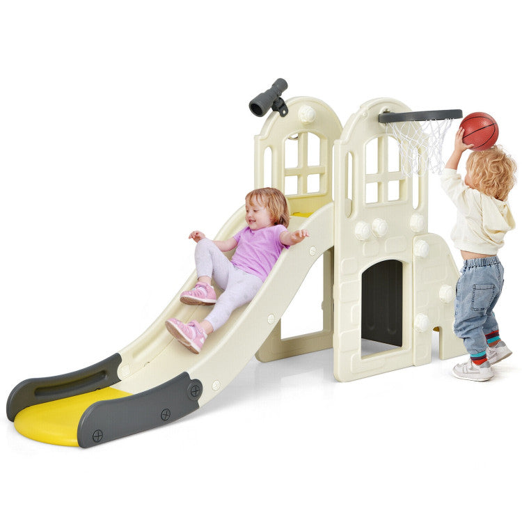 Children playing on a plastic slide and playset with a basketball hoop.