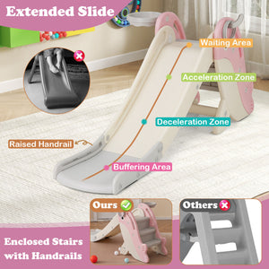 A children's plastic slide with an extended stair section, shown in a room setting with overlaid feature callouts and comparison graphics. The slide is cream and pink with gray base elements, and the image includes labels such as Waiting Area, Acceleration Zone, Deceleration Zone, Raised Handrail, and Buffering Area.