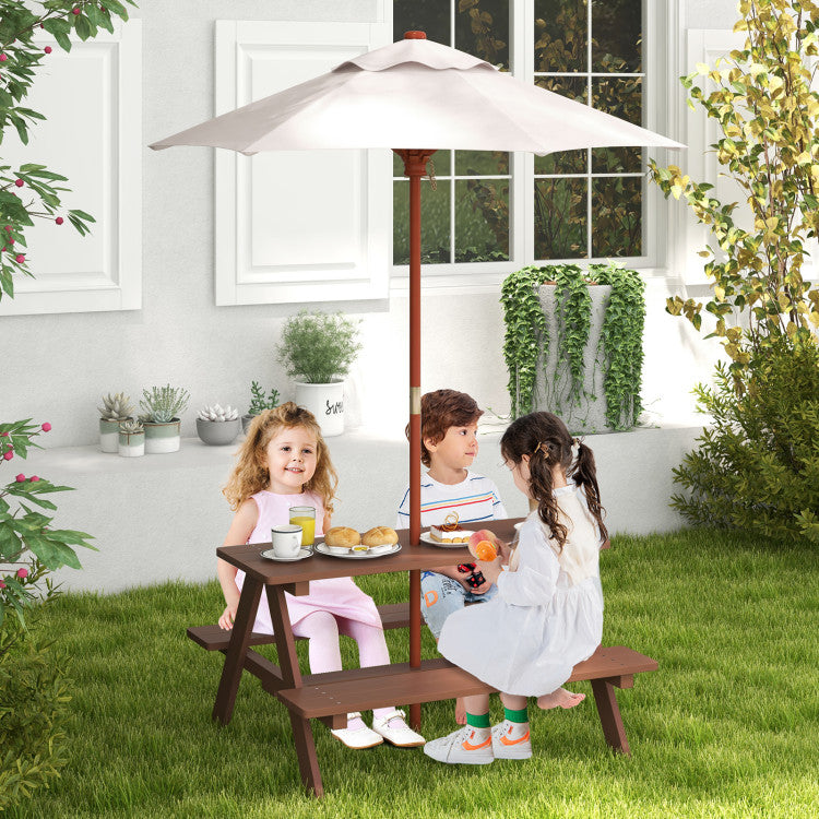 Outdoor 4-Seat Kids Picnic Table Set with Removable Umbrella for Kids and Family