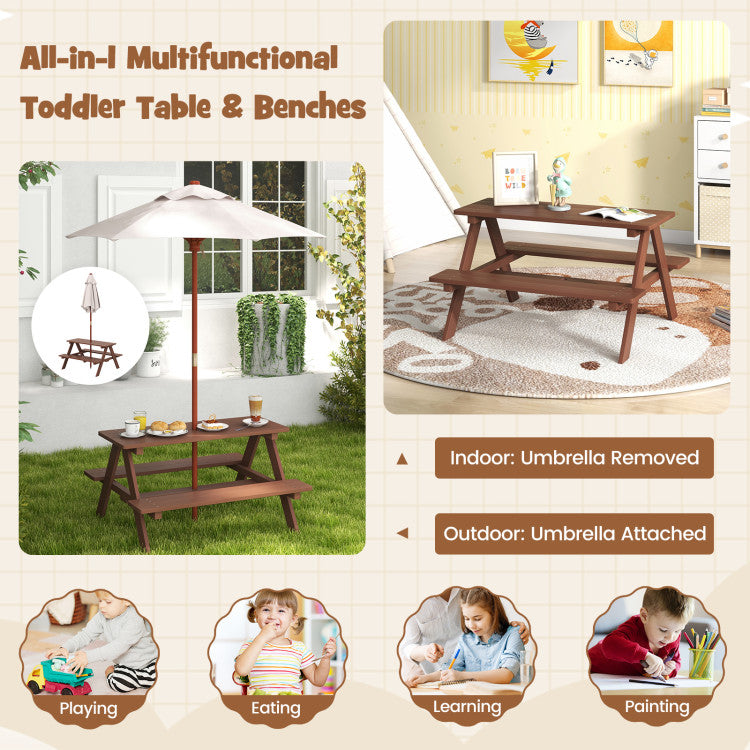 Outdoor 4-Seat Kids Picnic Table Set with Removable Umbrella for Kids and Family