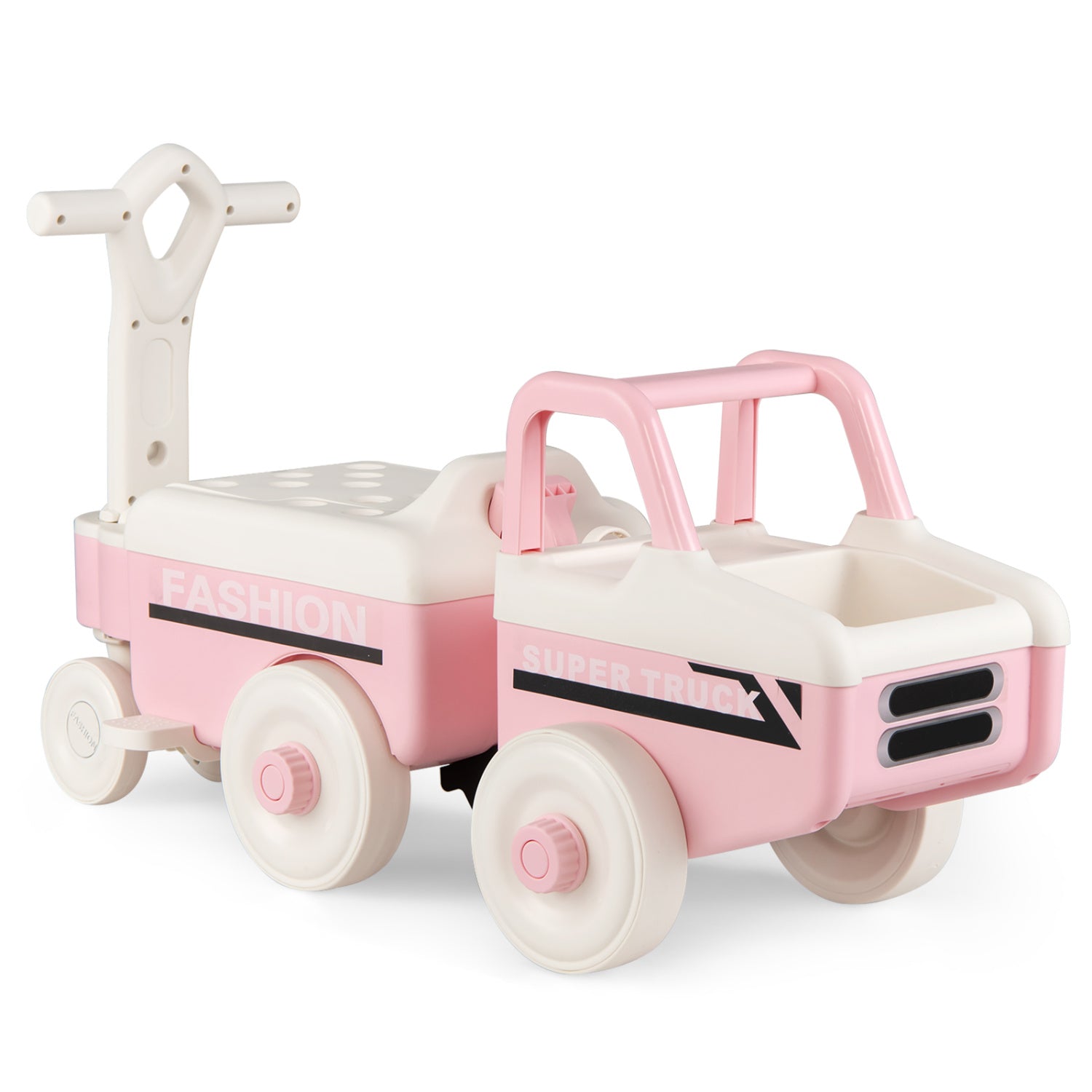 Pink and white children's toy wagon on a white background