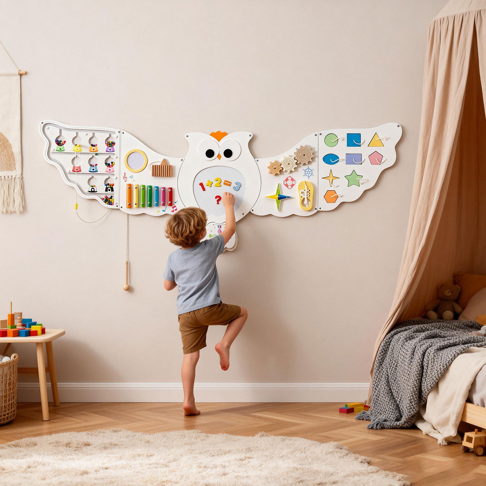 11-in-1 owl activity wall busy board for toddlers with Montessori learning activities