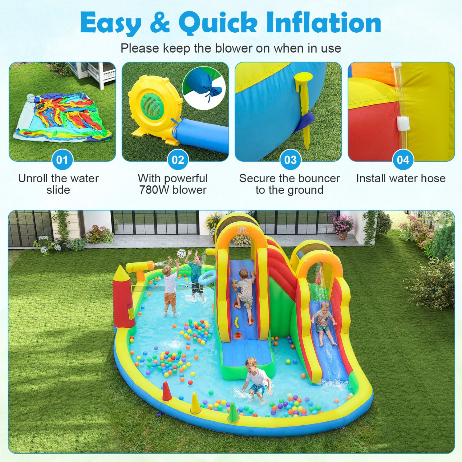 Inflatable water slide with children playing in a backyard, featuring easy inflation steps.