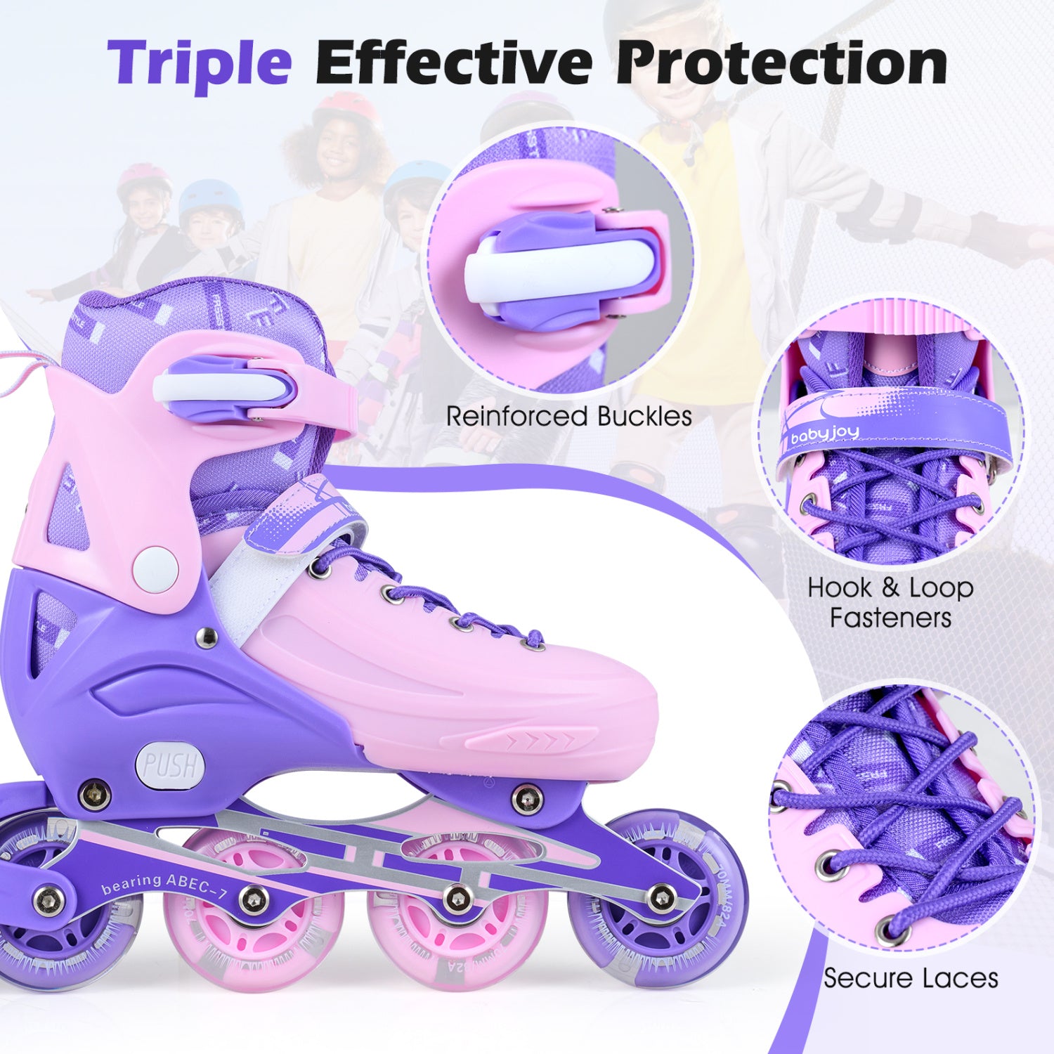 Purple and pink inline skates with reinforced buckles, hook & loop fasteners, and secure laces on a white background.