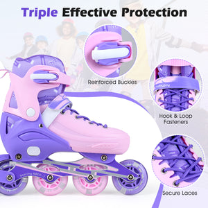 Purple and pink inline skates with reinforced buckles, hook & loop fasteners, and secure laces on a white background.