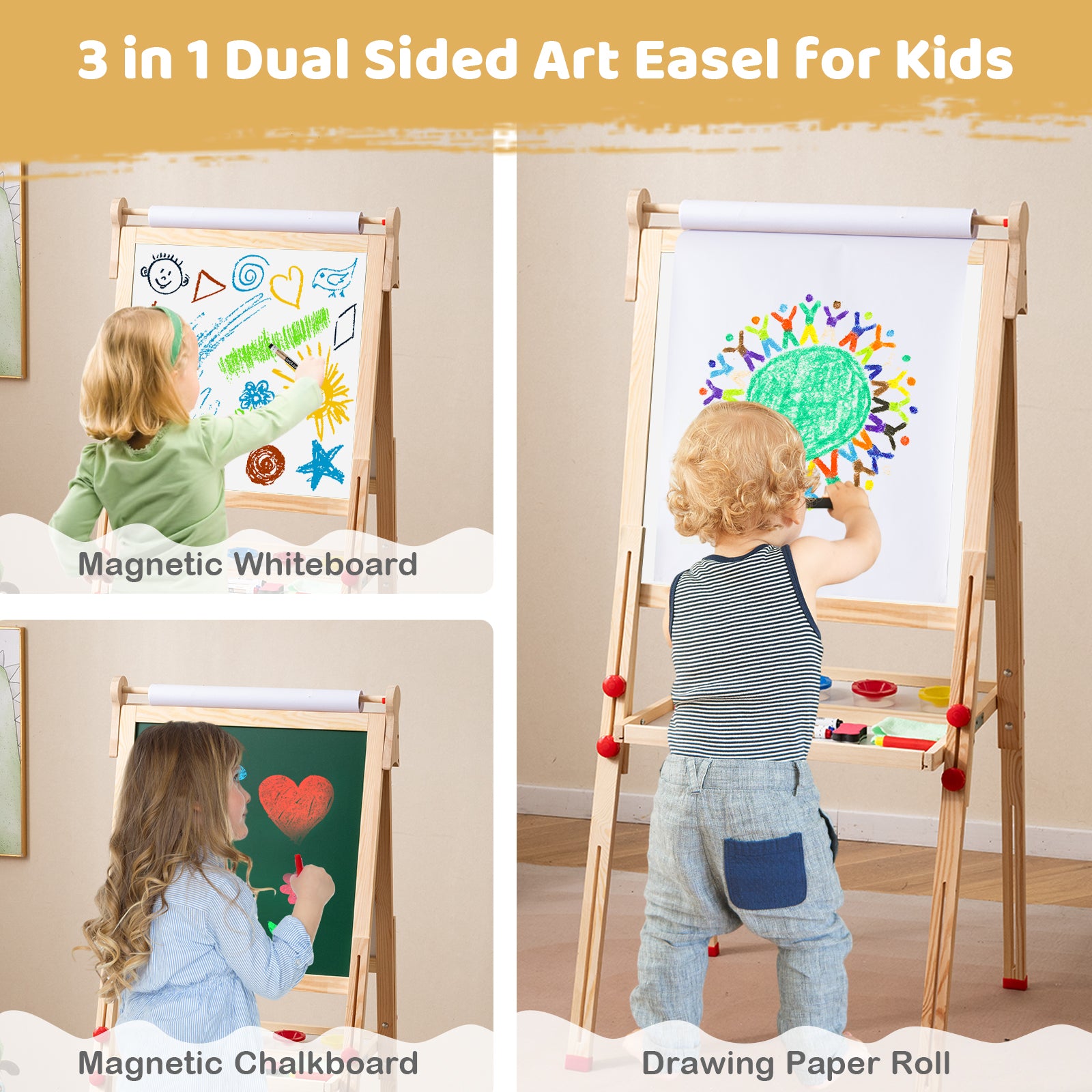 Kids easel with replaceable paper roll holder