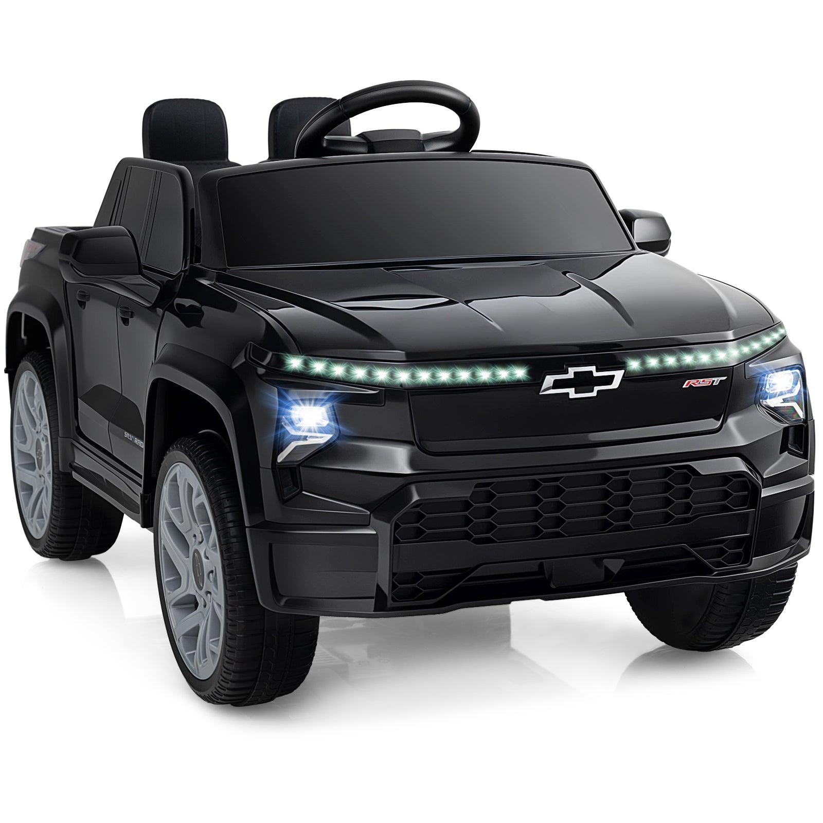 Black toy truck with Chevrolet logo on a white background