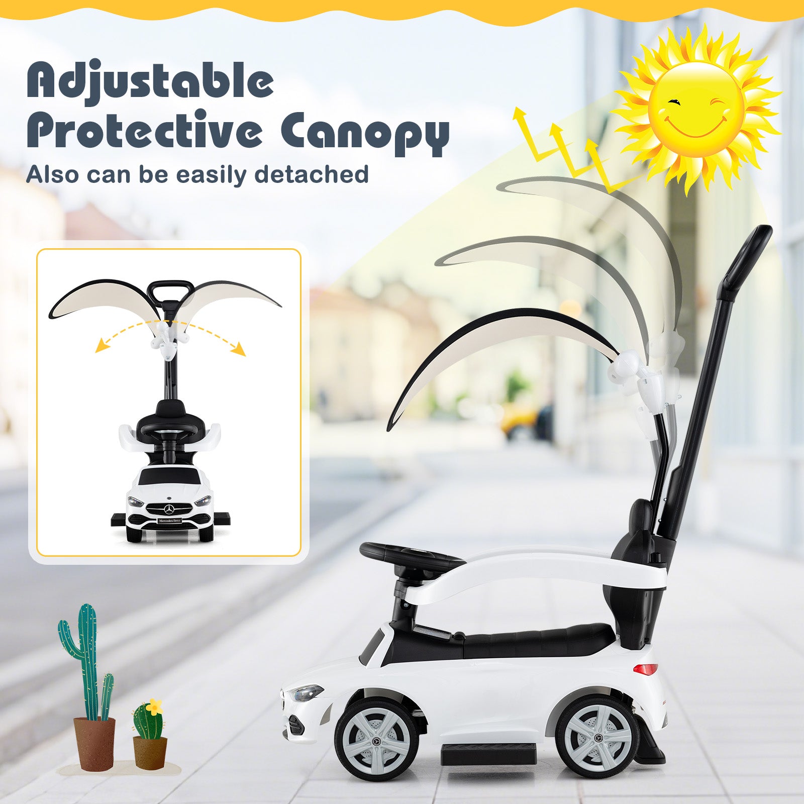 Children's scooter with adjustable protective canopy and sun illustration on a blurred background