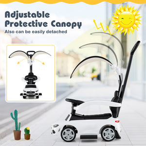 Children's scooter with adjustable protective canopy and sun illustration on a blurred background