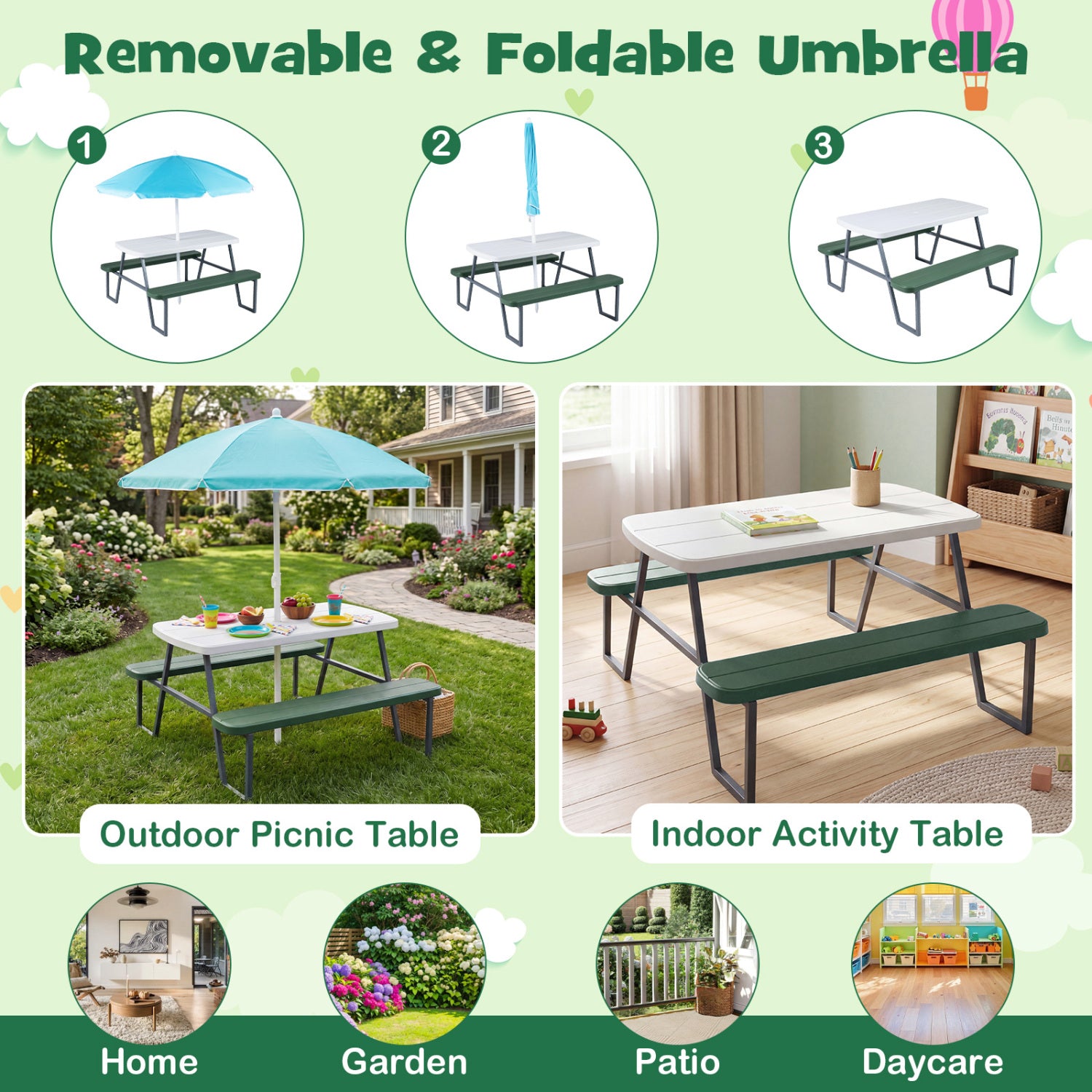 Collage of a picnic table with a removable and foldable umbrella in various settings.