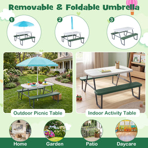 Collage of a picnic table with a removable and foldable umbrella in various settings.