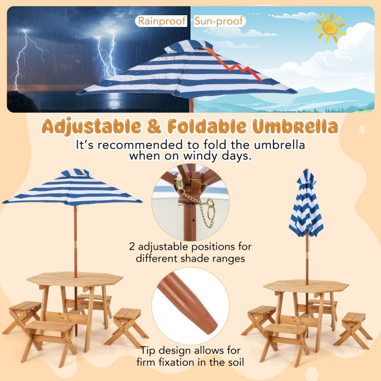 Adjustable and foldable umbrella with rainproof and sun-proof features, shown with a wooden table and chairs.