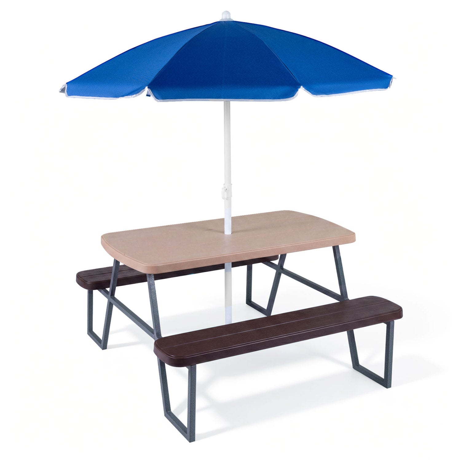 Picnic table with blue umbrella on a white background
