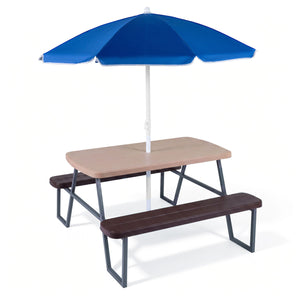 Picnic table with blue umbrella on a white background