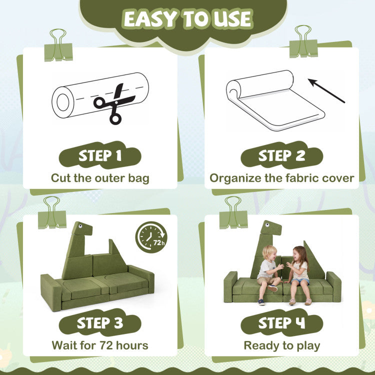 Instructions for using a green fabric cover with dinosaur design on a light blue background.