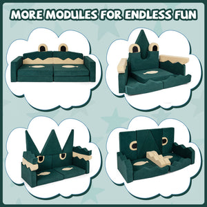 Children's dinosaur-themed sofa with modular design on a light blue background