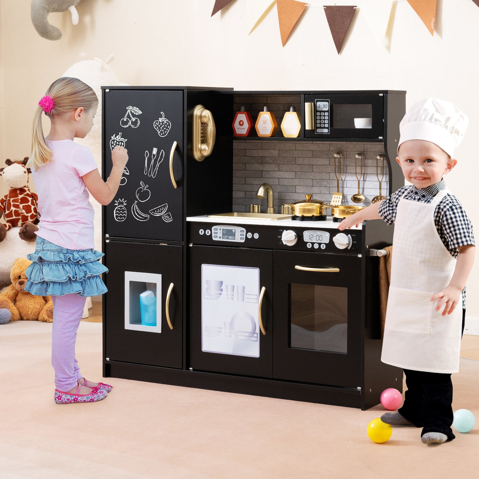 Pretend kitchen featuring microwave, oven and dishwasher play areas
