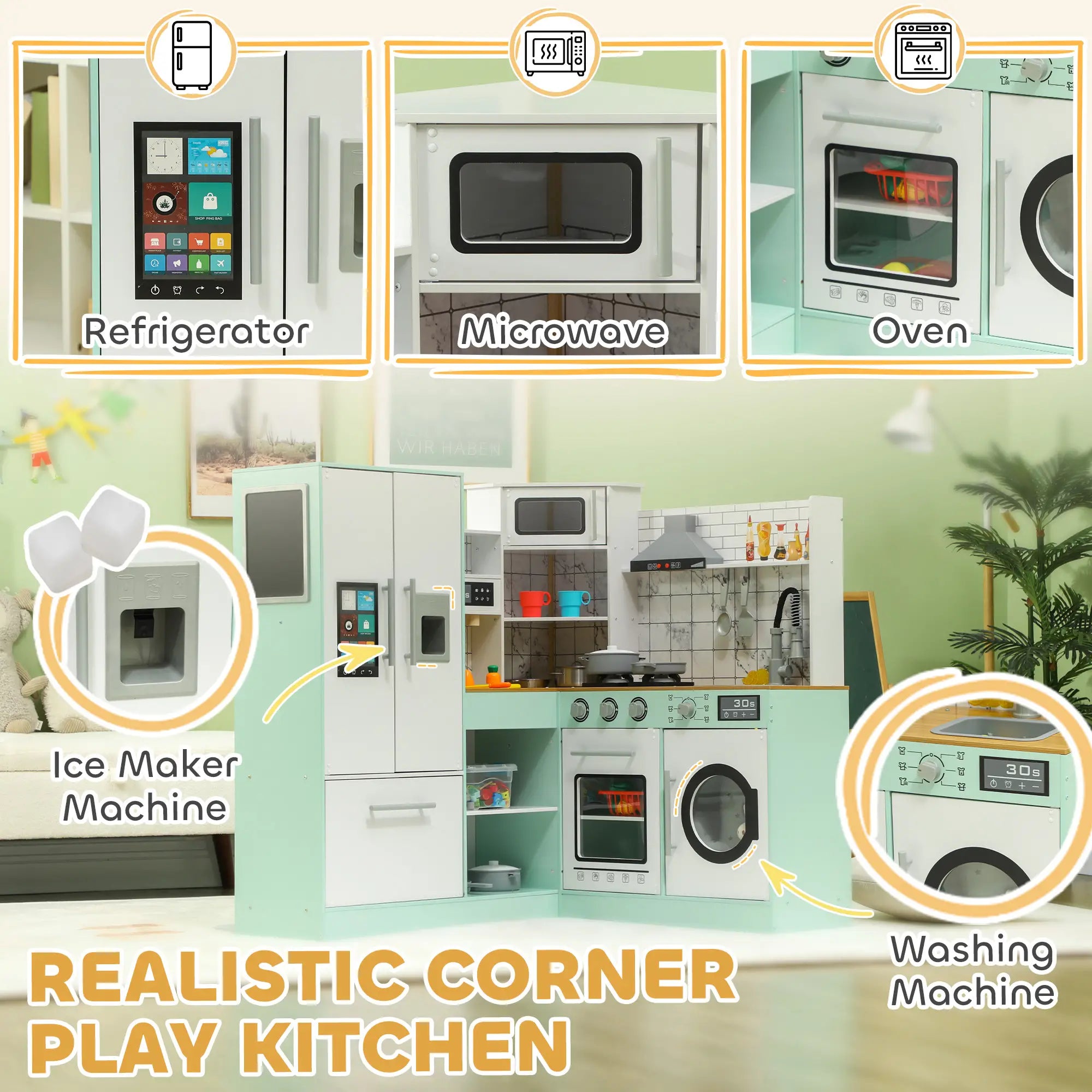 Play kitchen with range hood lights and realistic stove