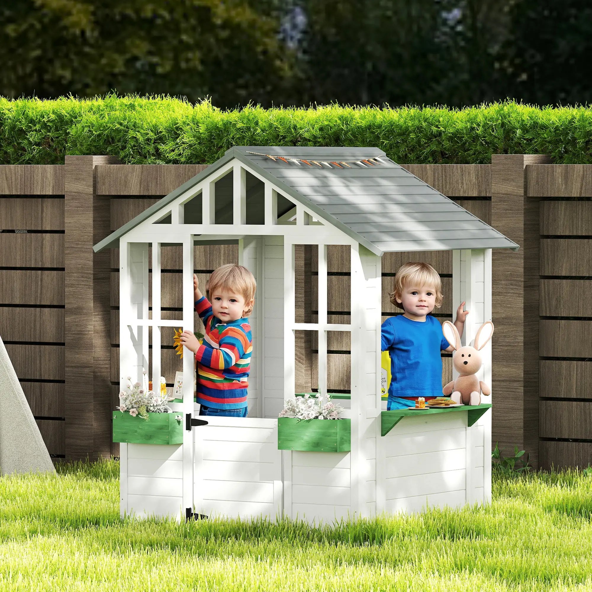 Wooden playhouse with built-in bench in garden