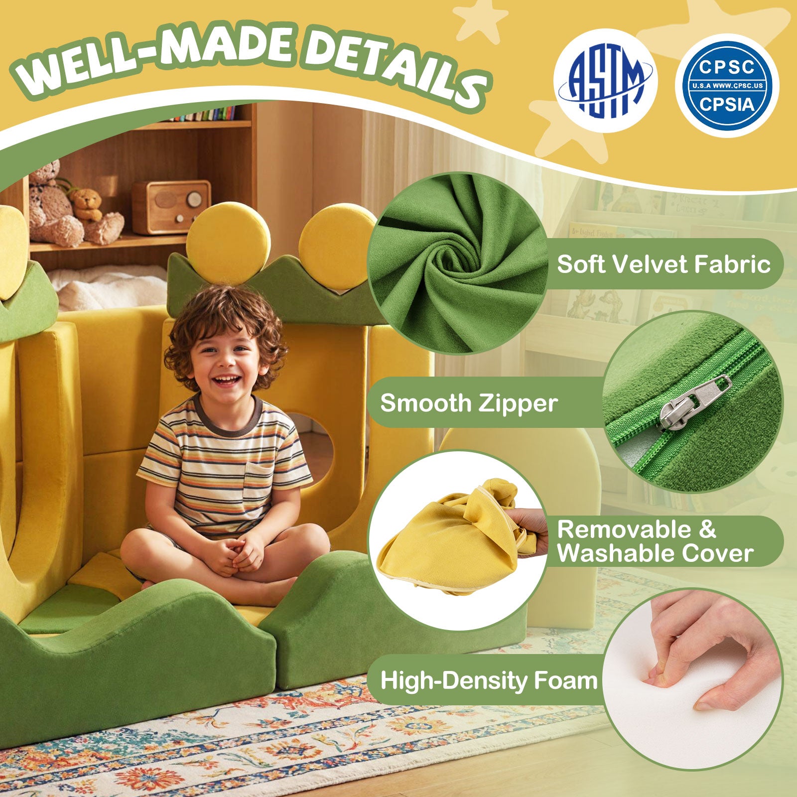 Child sitting on a green and yellow play structure with product features highlighted.