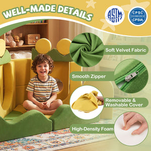 Child sitting on a green and yellow play structure with product features highlighted.