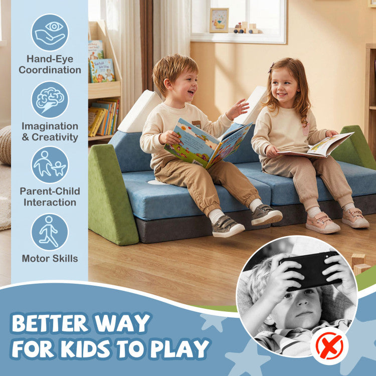 Two children sitting on a blue sofa with books, surrounded by icons and text about child development benefits.