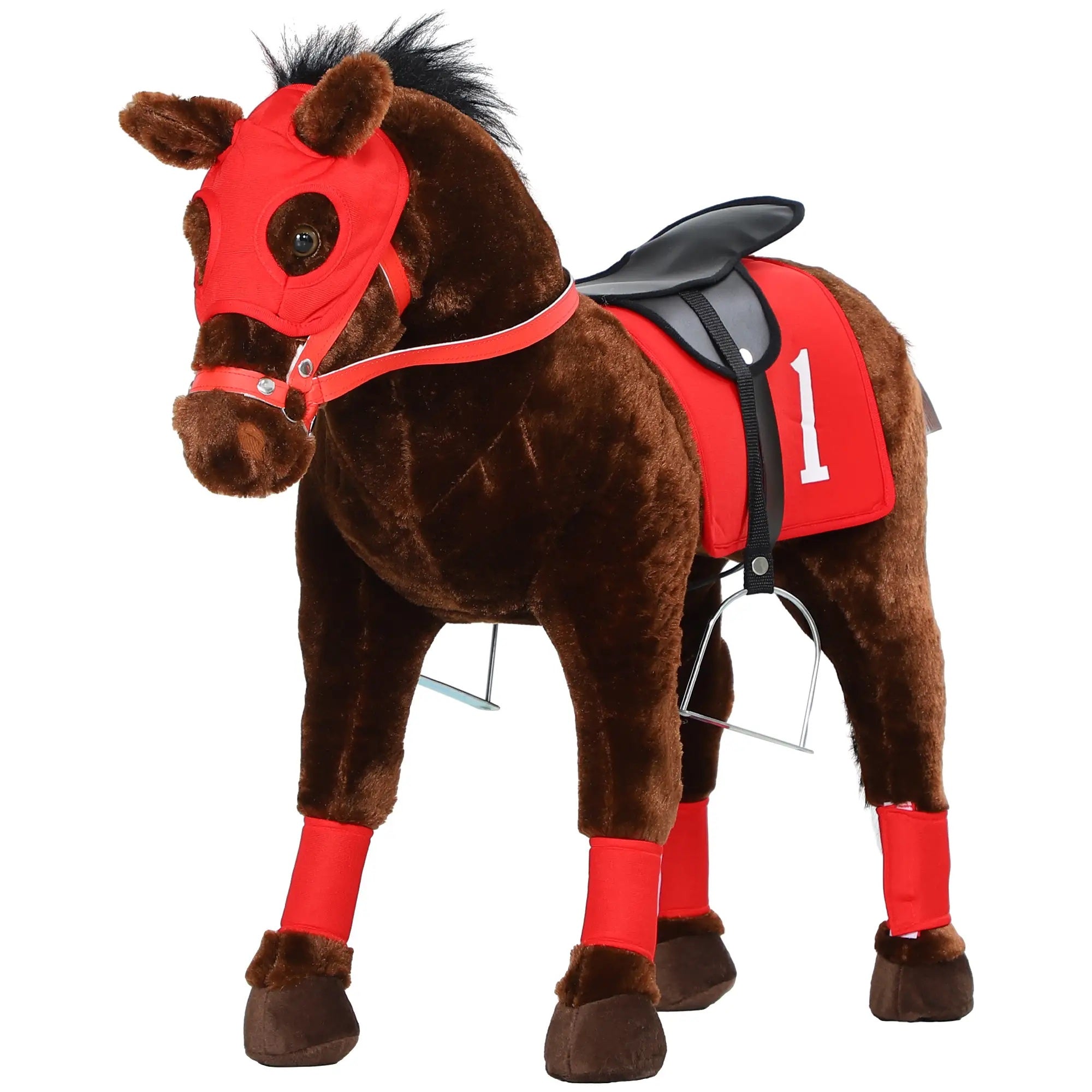 Kids Ride-On Standing Horse with Neighing Sounds & Saddle – Plush Rocking Horse Alternative for 3-8 Year Old Boys & Girls, Interactive Toy Horse with Stirrups & Steel Frame Support