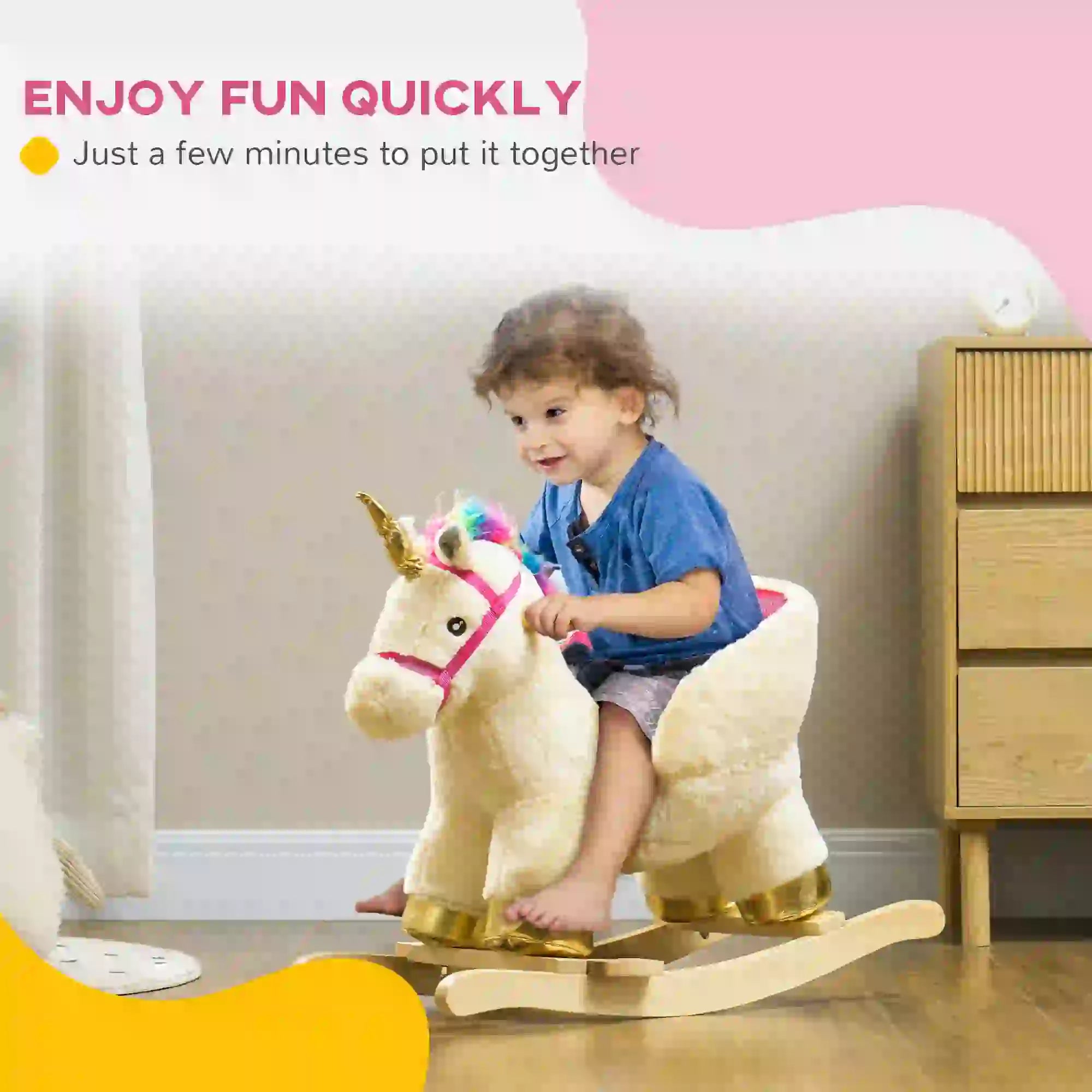 Child riding a unicorn-shaped rocking horse with text about assembly time.