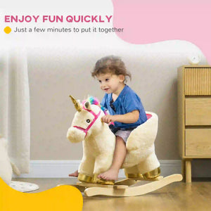 Child riding a unicorn-shaped rocking horse with text about assembly time.