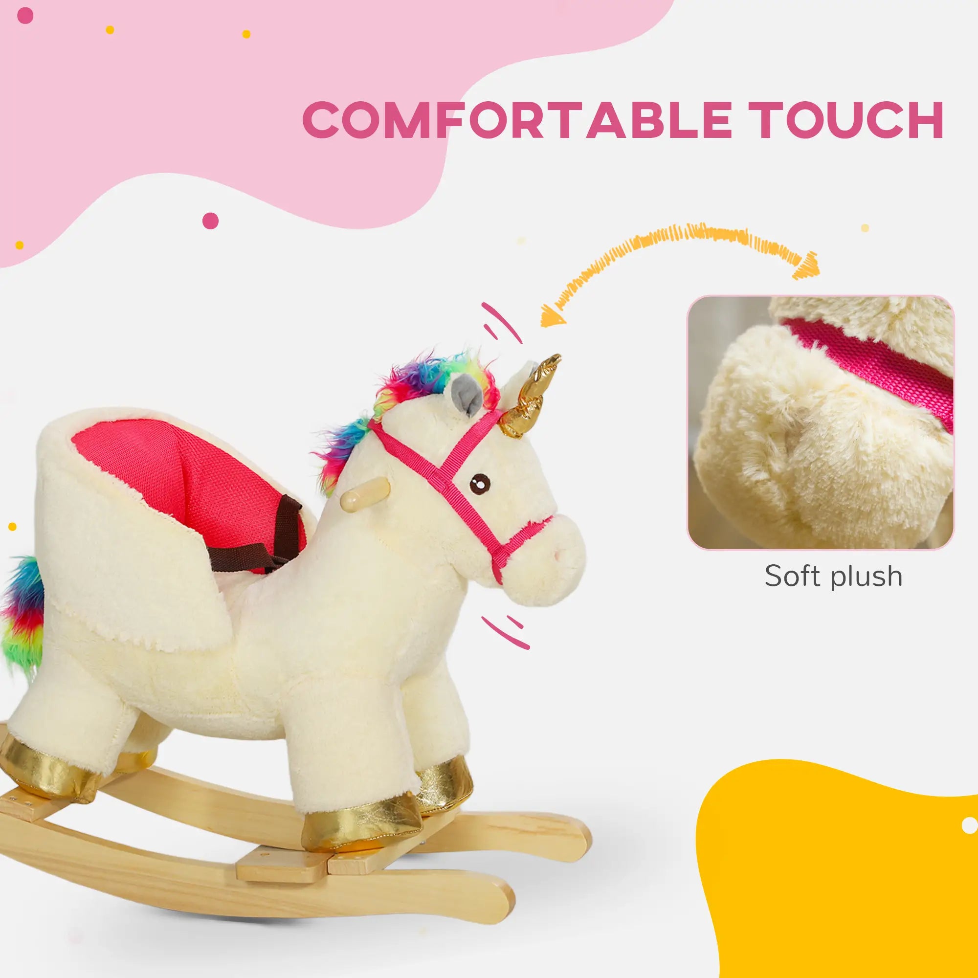 Plush rocking unicorn toy with rainbow hair on a white background, labeled 'Comfortable Touch' and 'Soft plush'.