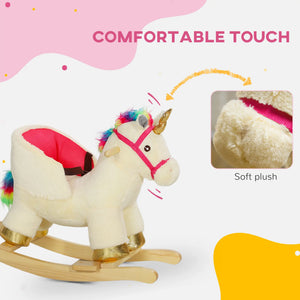 Plush rocking unicorn toy with rainbow hair on a white background, labeled 'Comfortable Touch' and 'Soft plush'.