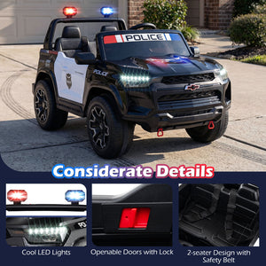 Children's toy police car with LED lights and safety features on a driveway.