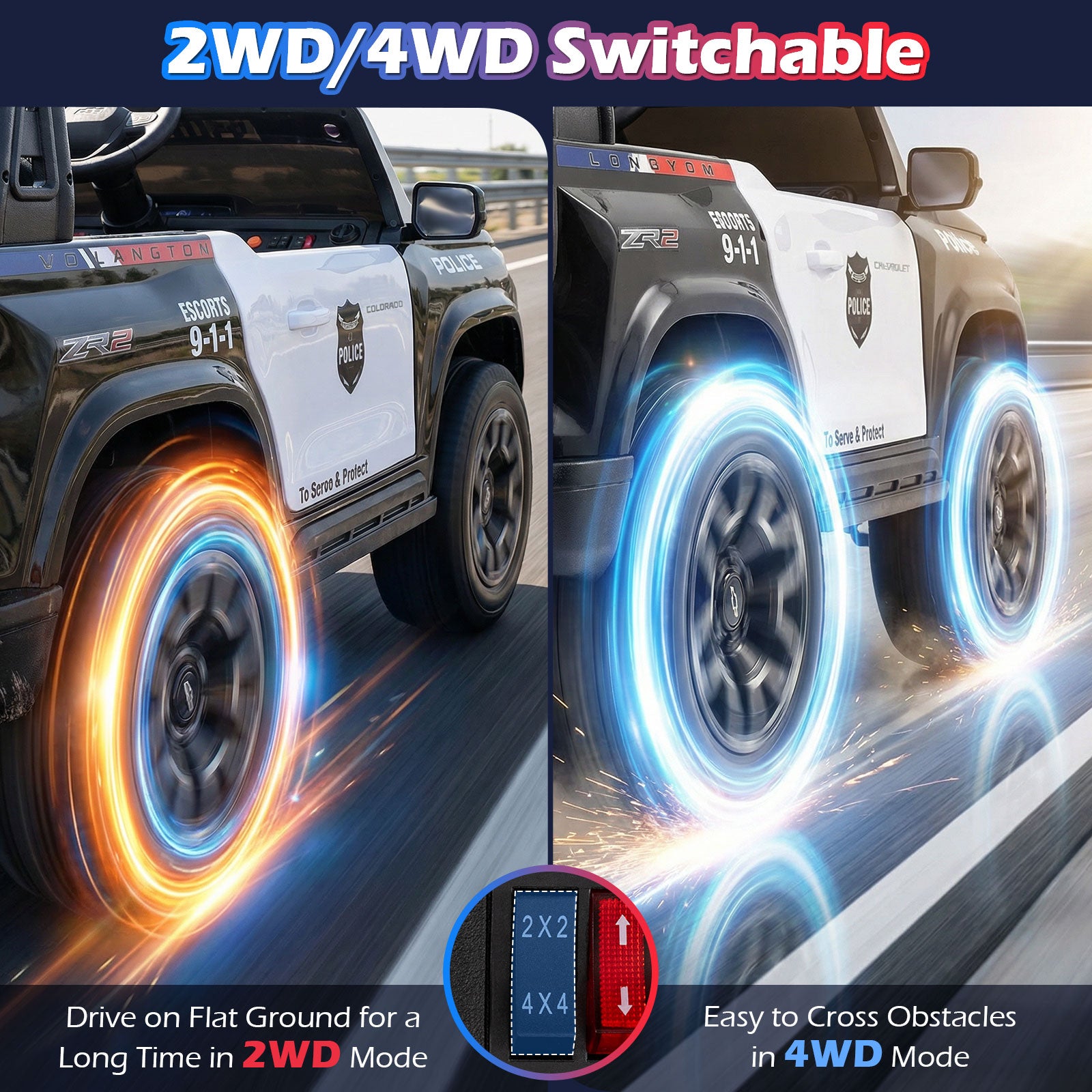 Two police-themed vehicles with glowing wheels, one in 2WD mode and the other in 4WD mode, on a road.