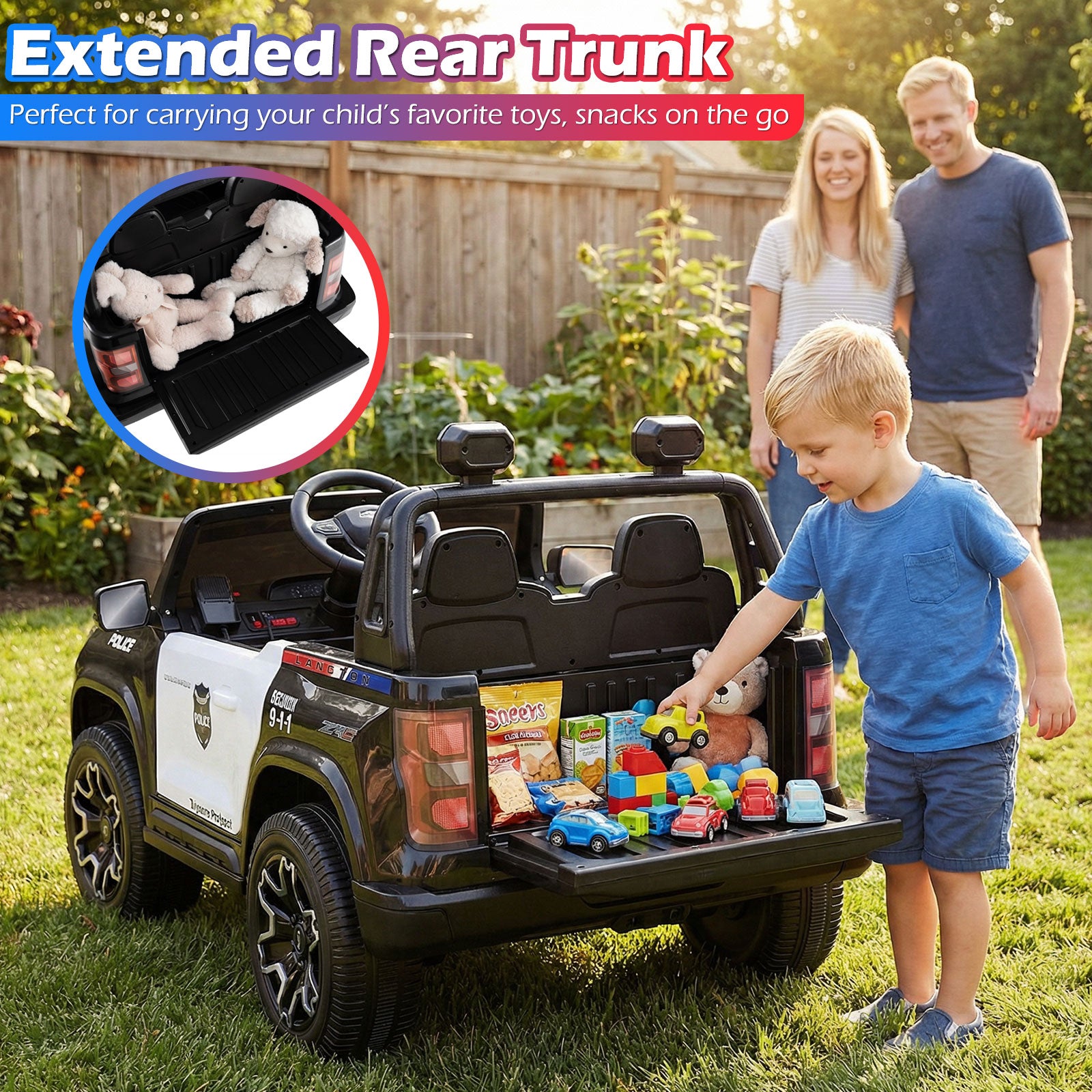 Child playing with a toy police car in a backyard with parents supervising.